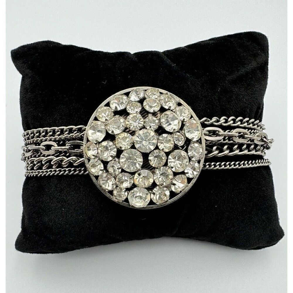 Multi Strand Gunmetal ‎ Chain Link Chunky Pave Rhinestone Statement Bracelet